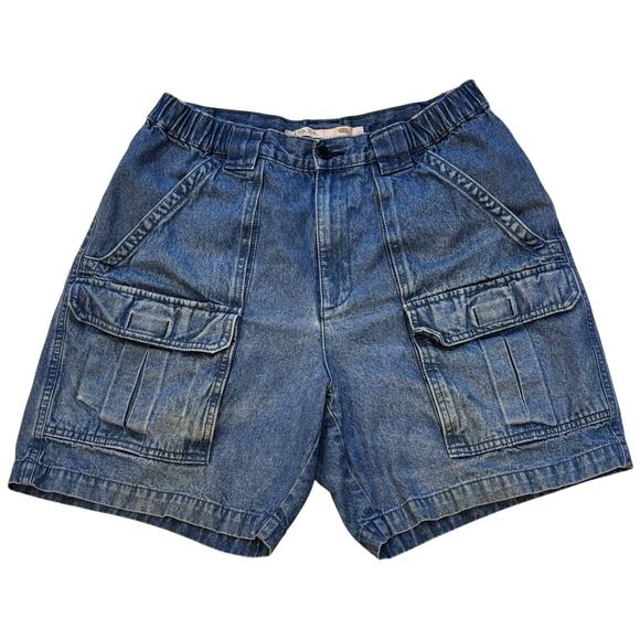 SAVANE Cargo Jean Shorts 32 Pockets Medium Wash Cotton Denim Retro Dad 6.5” - Picture 1 of 9